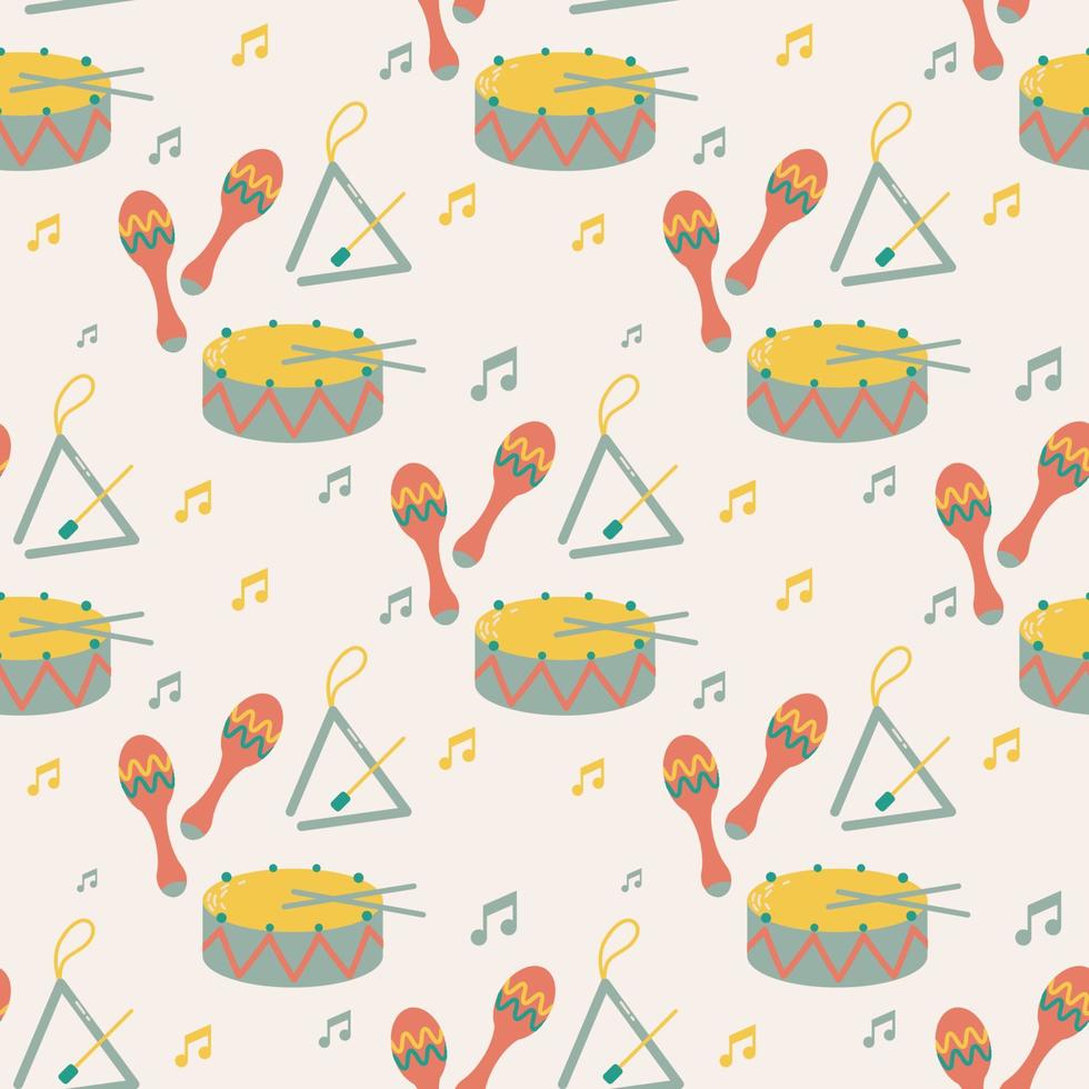 Vector seamless pattern of kids musical instruments with notes drawn in cartoon flat style. Isolated on beige background cute childrens musical toys - maracas, triangle, drum.