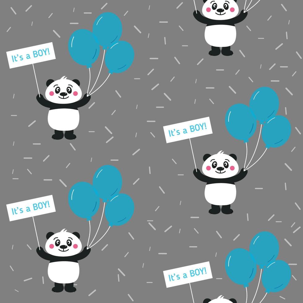 Cute baby panda little boy seamless vector pattern with balloon and It is a boy banner