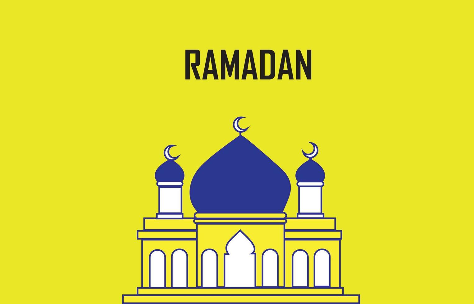 Ramadan Kareem greeting card with mosque on yellow background. Vector illustration