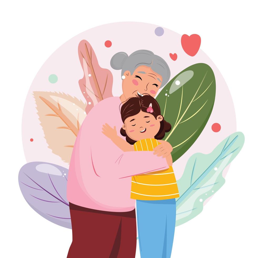 Illustration with a grandmother and granddaughter embracing. Family visit, family union concept illustration. vector