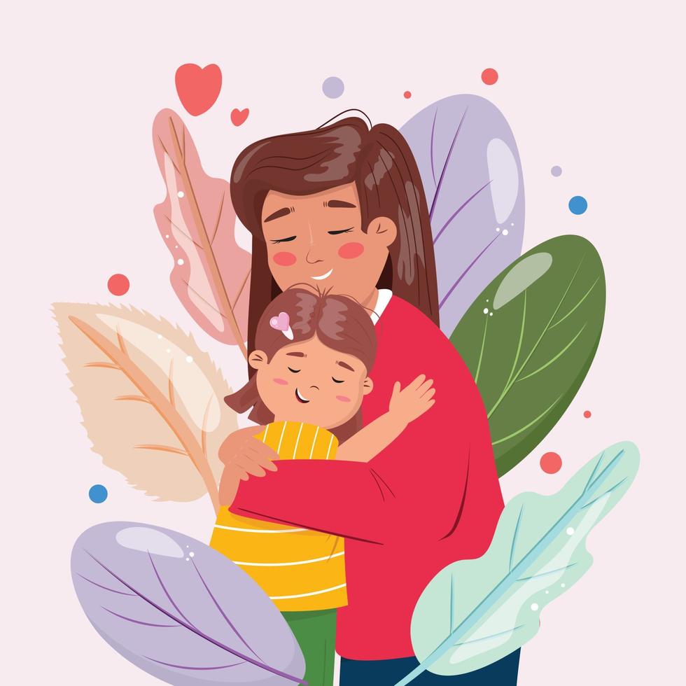 Modern colourful illustration of a mother embracing her cute little daughter. Motherhood, parenthood, family, Mothers Day concept illustration. vector