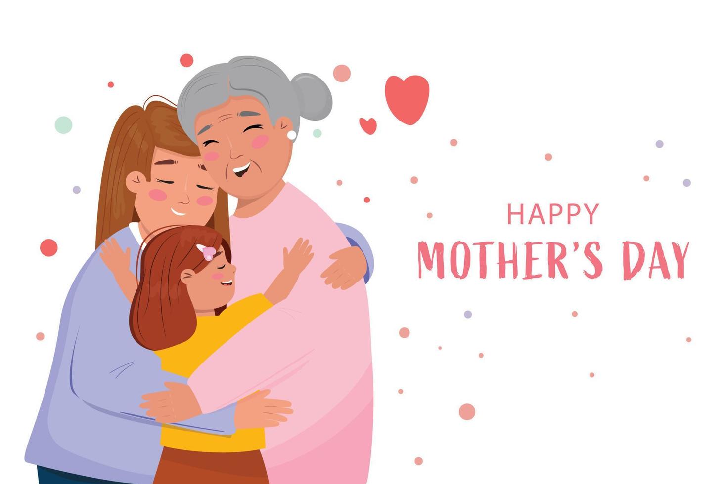 Grandmother, mother and daughter holding in arms each other. Diverse generation in one family. Happy Mother's Day. Happy women's day. vector