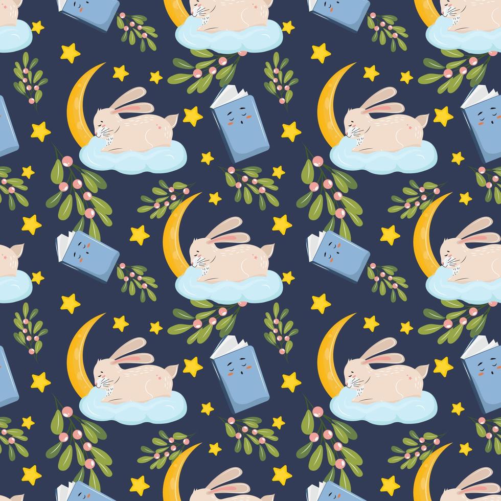 Cartoon illustration of sleeping bunnies, books and stars. Seamless vector pattern.