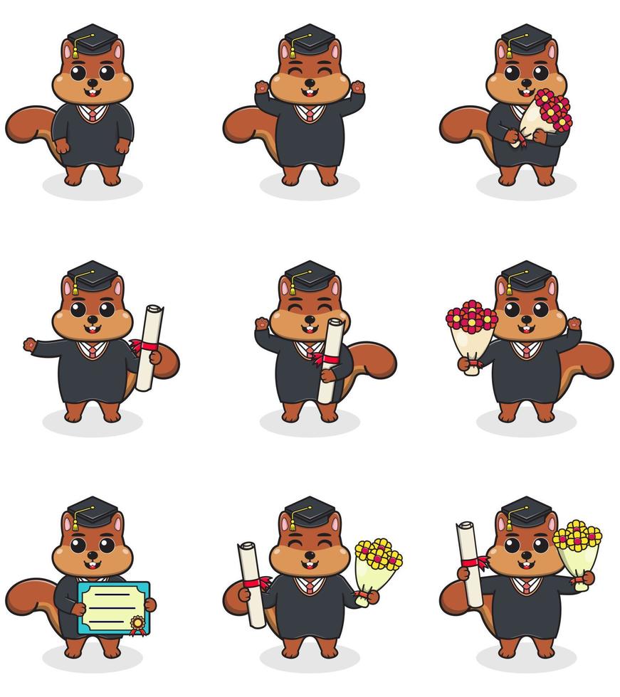 Cute cartoon Squirrel in graduate hat on white background. Vector Set of Cute Graduation Themed Squirrel . Illustration symbol mascot character animal. Design flat cartoon.