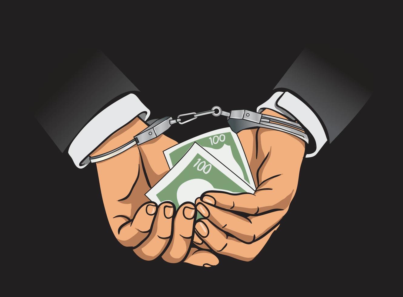 corruption illustration, hands holding money while locked in handcuffs vector