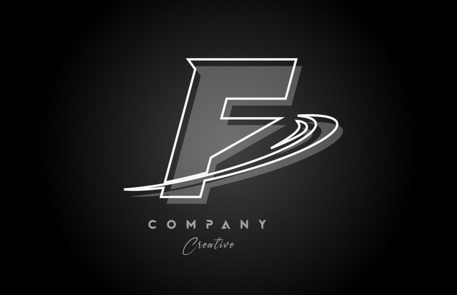 black and white F line alphabet letter logo icon design with swoosh and shadow. Creative template for business and company vector