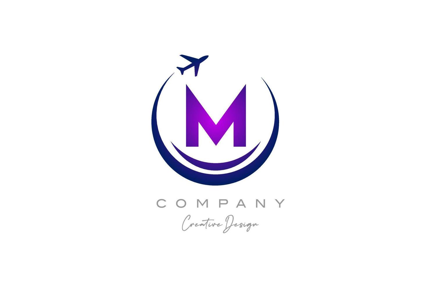 M alphabet letter logo with plane for a travel or booking agency in purple. Corporate creative template design for company and business vector