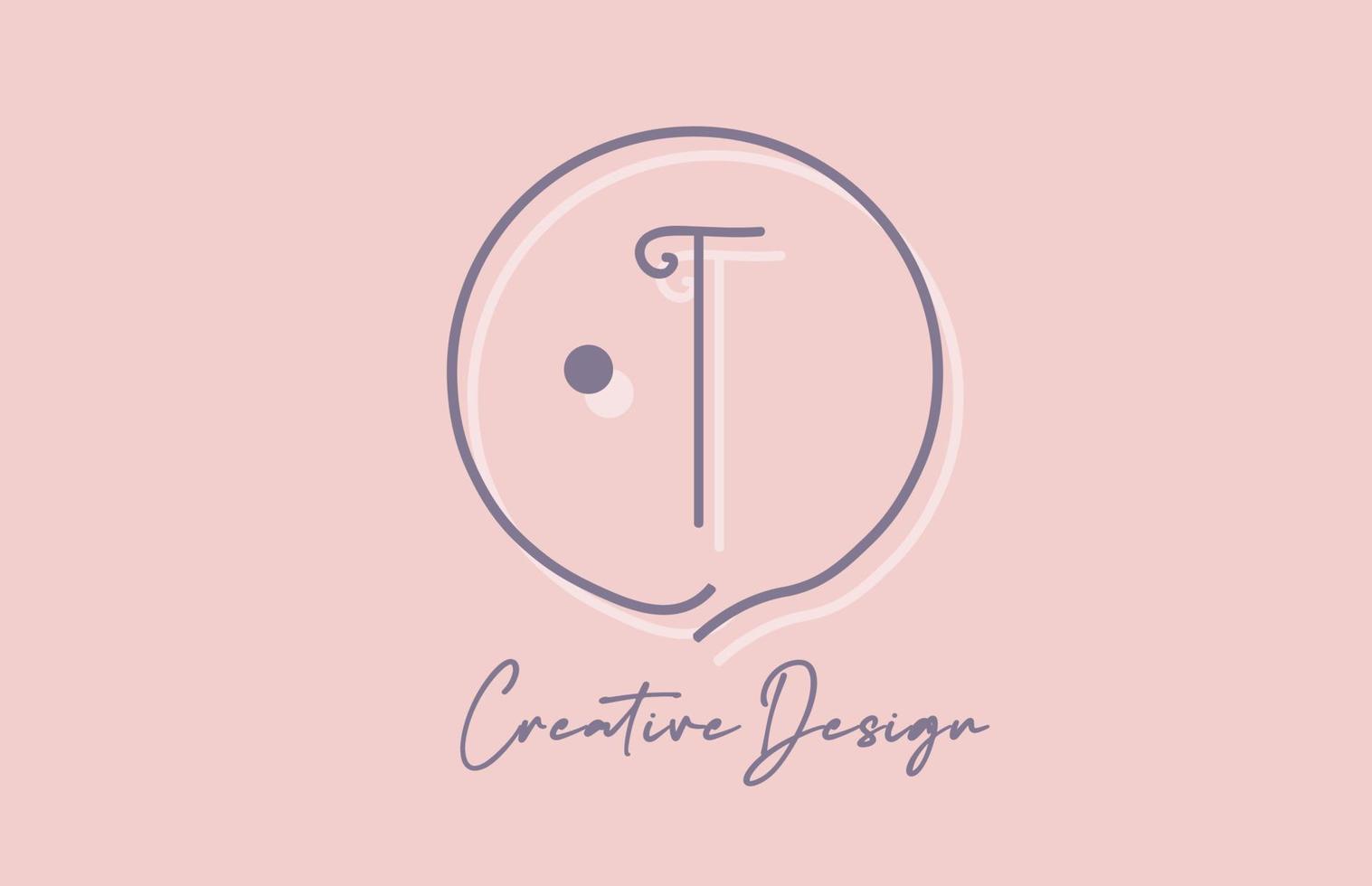T alphabet letter logo icon design with line dot and vintage style. Pink blue creative template for business and company vector