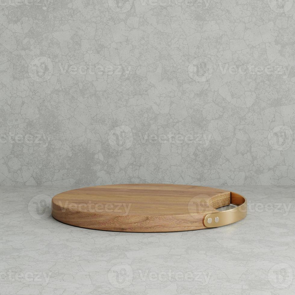 3D Rendering Circle Wood Cutting Board With Gold Metal Handle, S photo