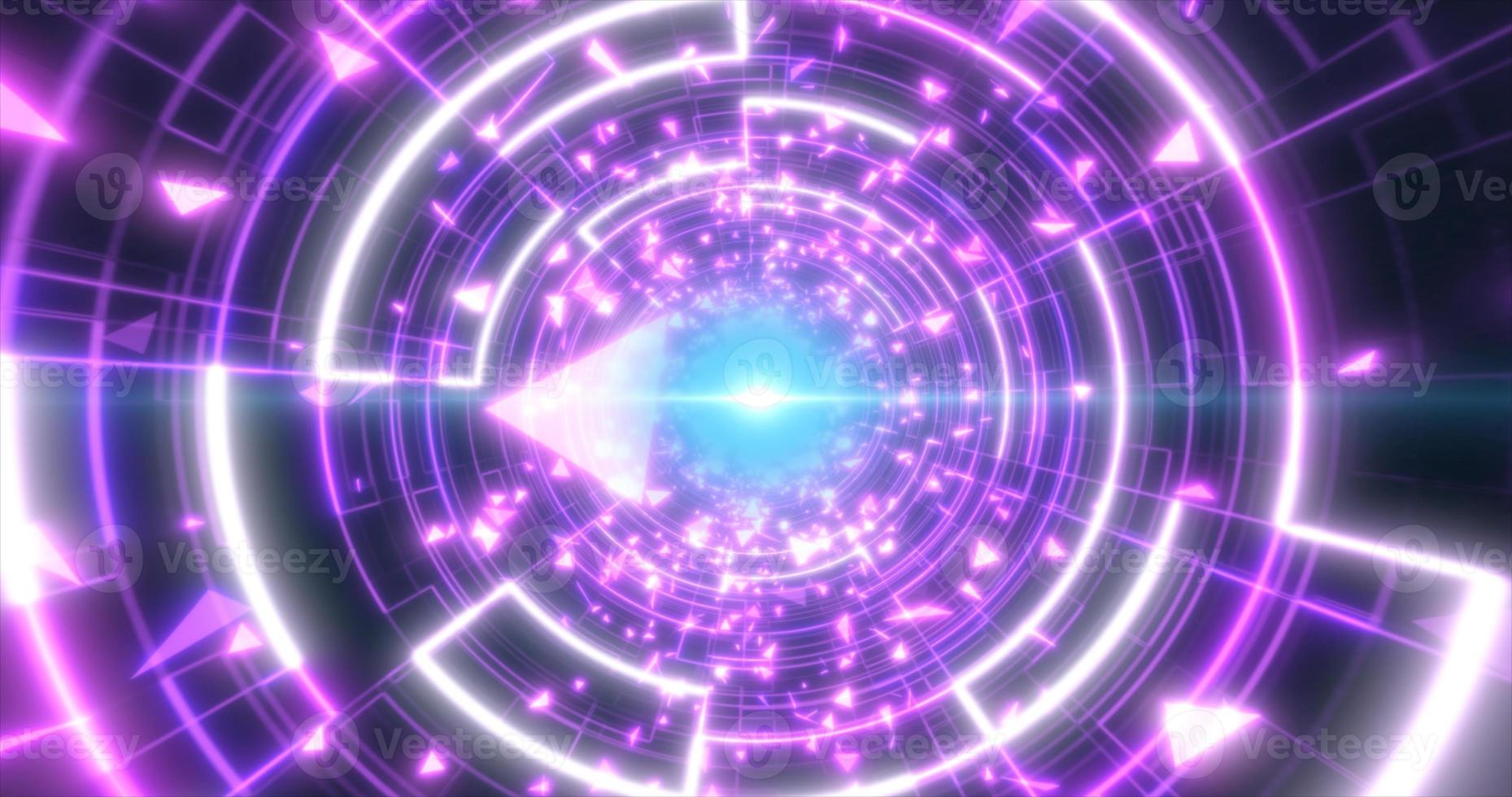 Abstract purple glowing neon laser tunnel futuristic hi-tech with energy lines and flying particle fragments, abstract background photo