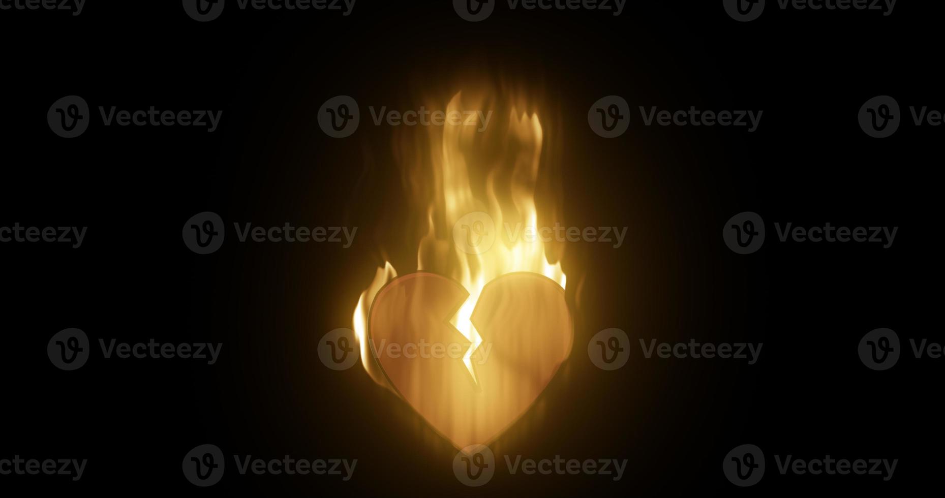 Abstract fiery burning in a flame loving heart broken from love with a crack on a black background photo