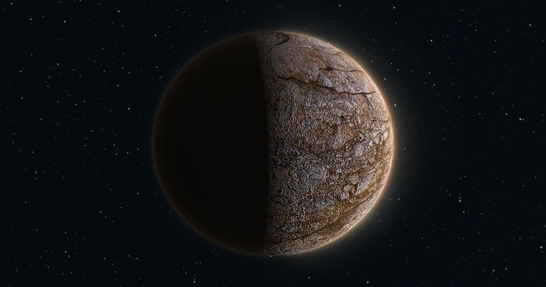Abstract space spinning brown planet luminous sphere round with a textured relief stone surface in space against the background of stars photo