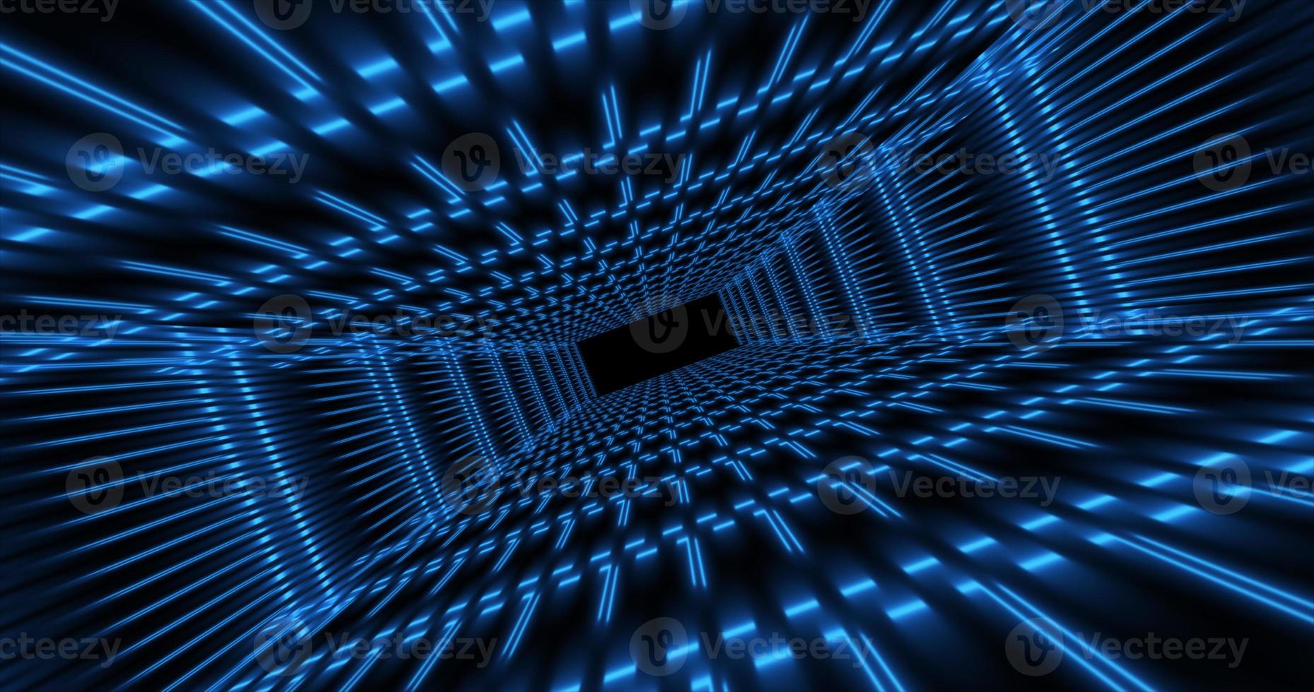 Abstract blue futuristic tunnel square rectangular grid of glowing neon lines digital beautiful magical energy on a dark background. Abstract background photo