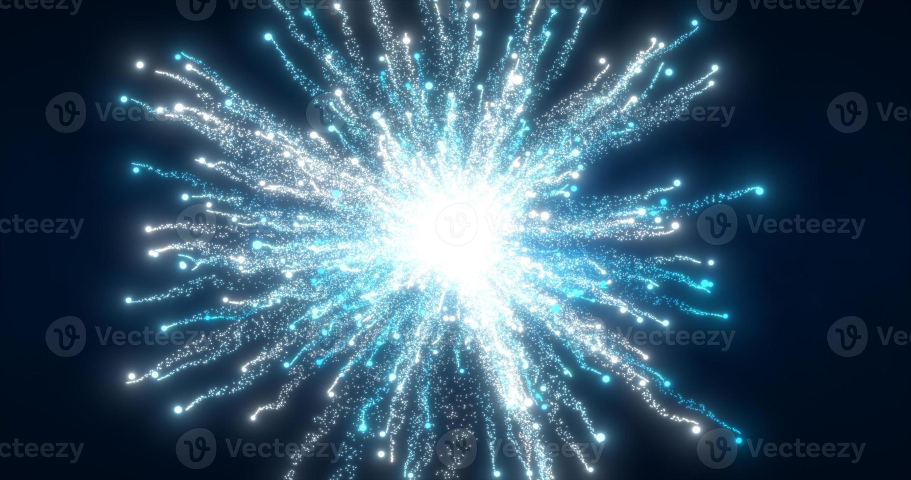 Abstract glowing energy explosion whirlwind firework from blue lines and magic particles abstract background photo