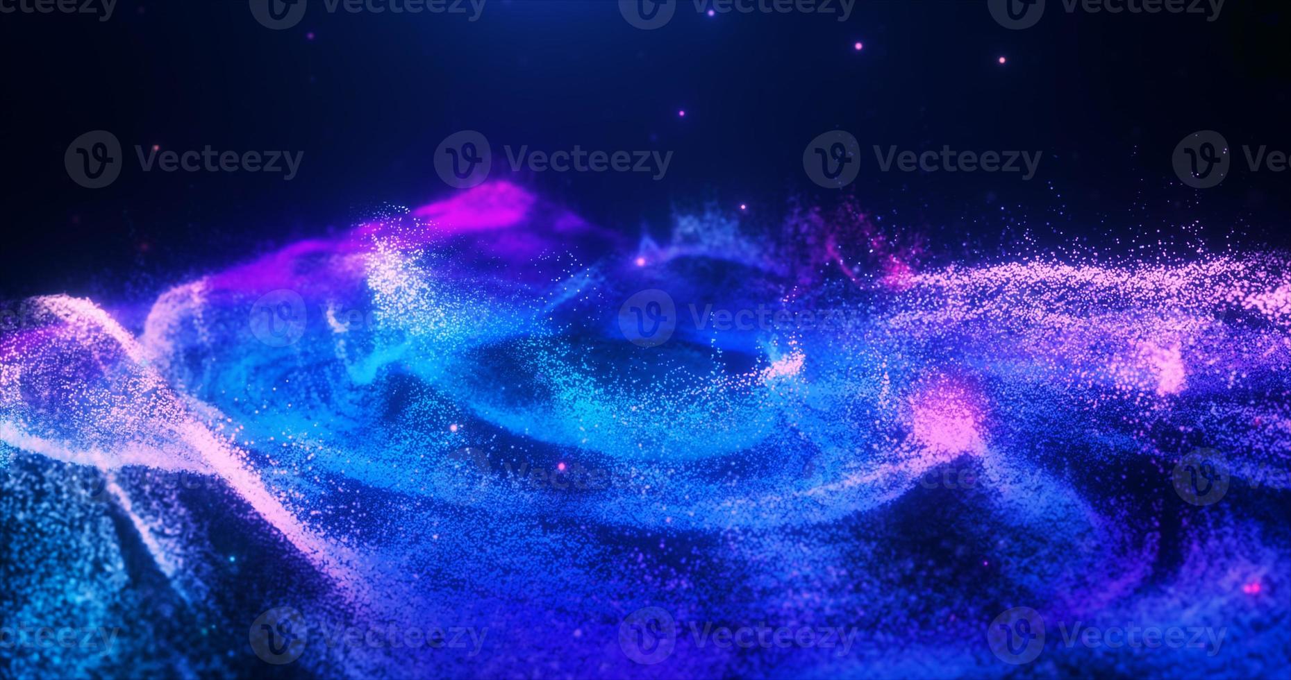 Abstract moving blue futuristic landscape of particles and dots of energetic magic with glow and blur effect, abstract background photo