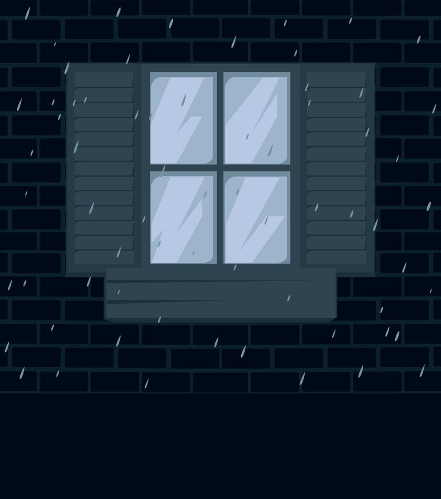 Window in a wall and a rain in a city. A vector illustration