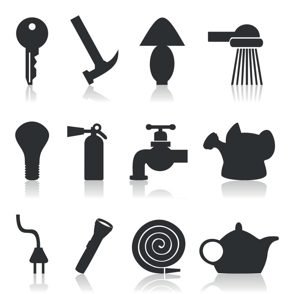 Silhouettes of various subjects and tools. A vector illustration