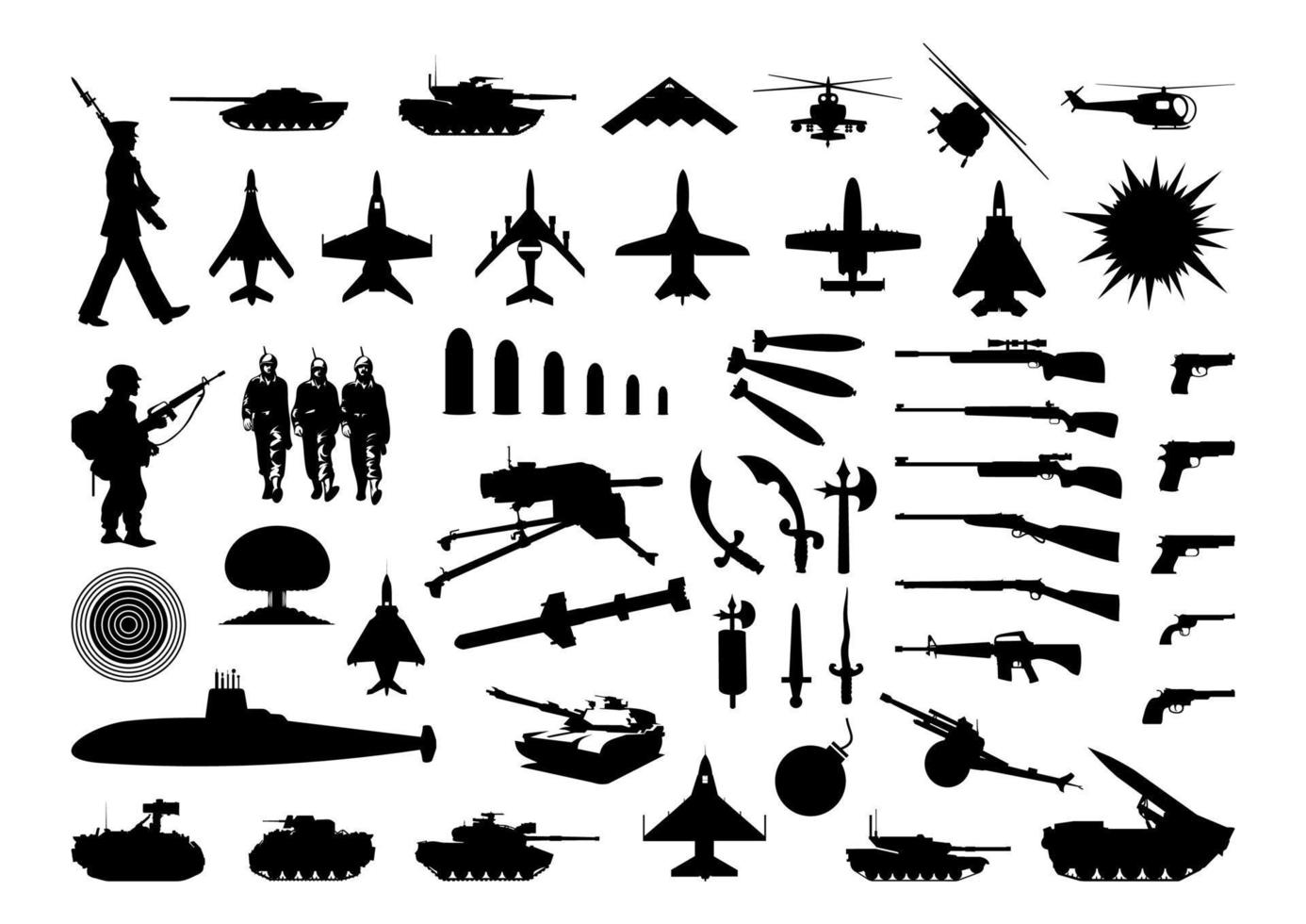 Silhouettes of the various weapon and engineering. A vector illustration