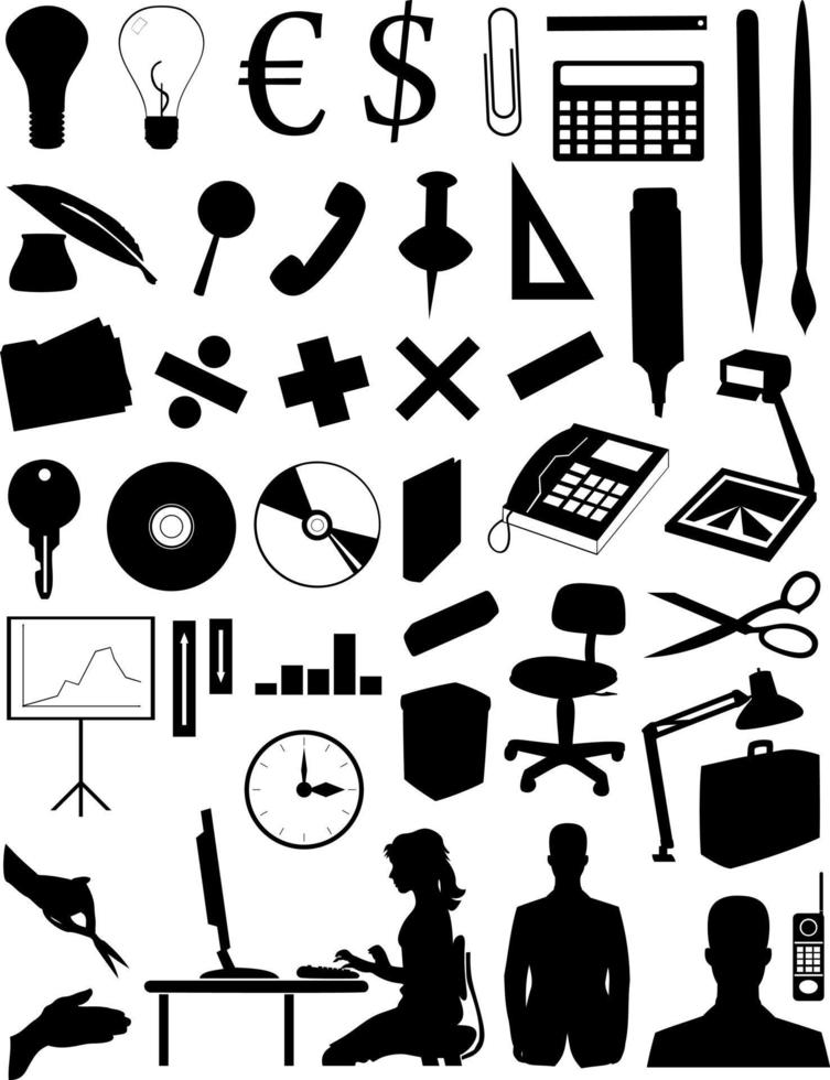 Silhouettes of various office subjects and people vector