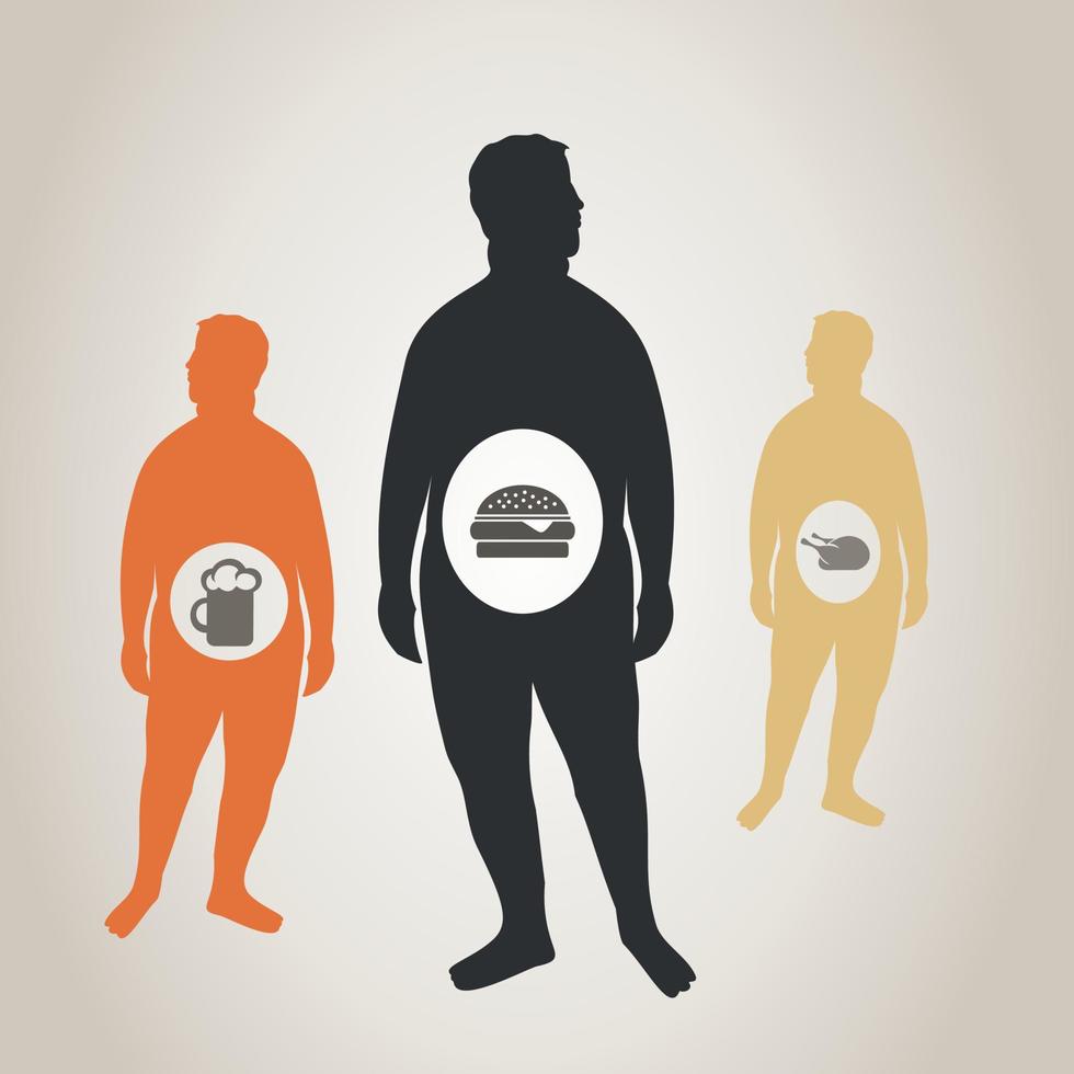 Harmful products of food round the fat man. A vector illustration