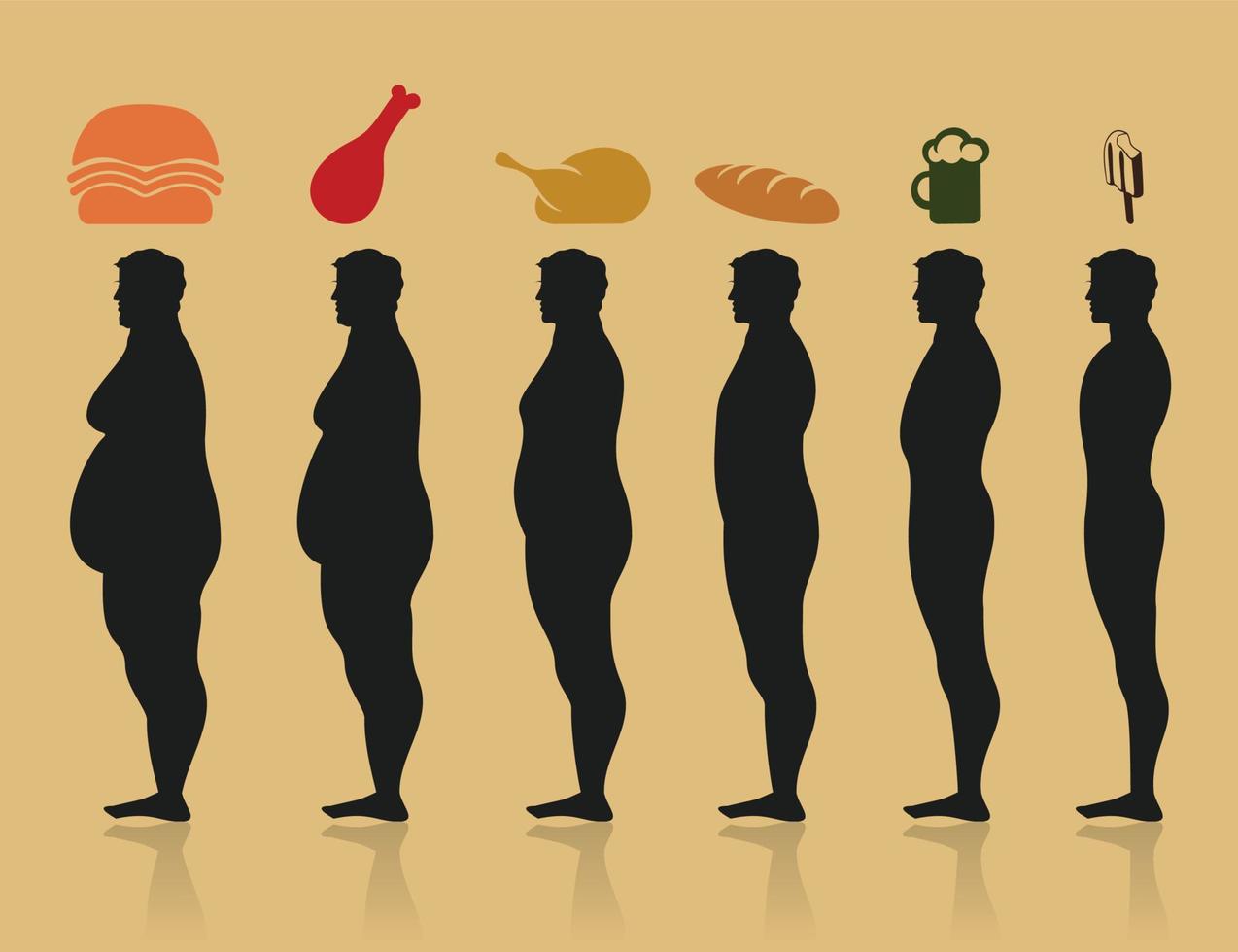 Harmful products of food round the fat man. A vector illustration