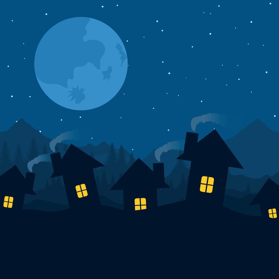 Village at night against the star sky. A vector illustration