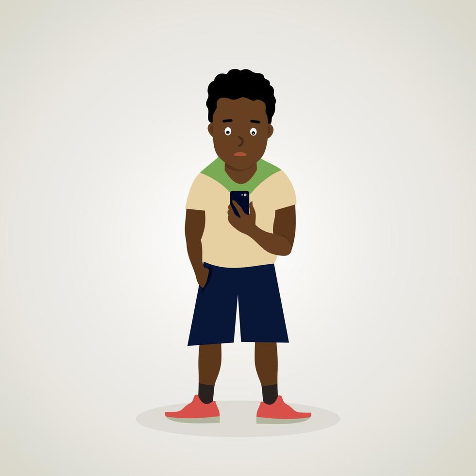 Teen African American holds the phone in his hand. Vector illustration