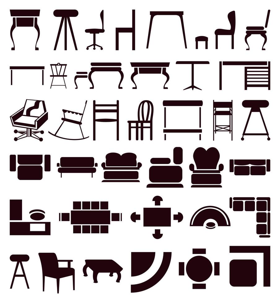 Silhouettes of various subjects and tools. A vector illustration