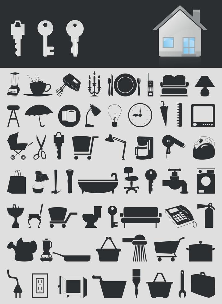 Silhouettes of various subjects and tools. A vector illustration