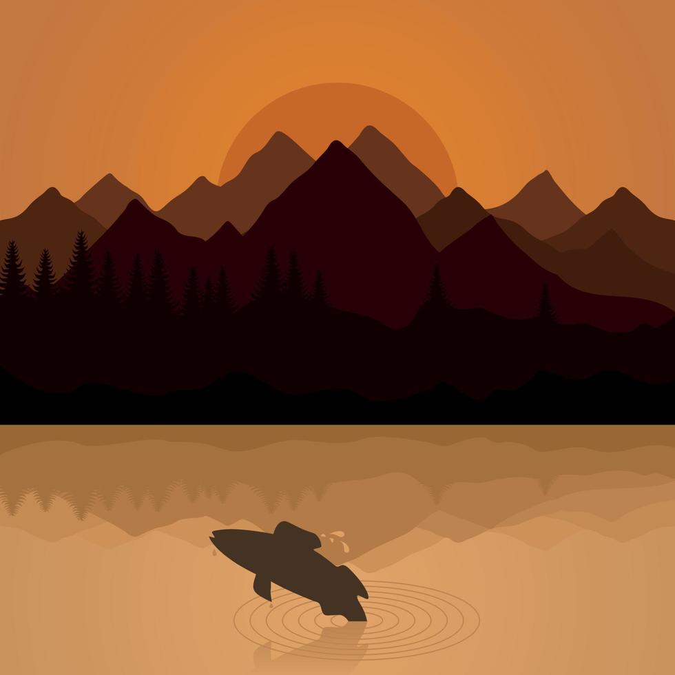 Fish has jumped out of water on lake. A vector illustration