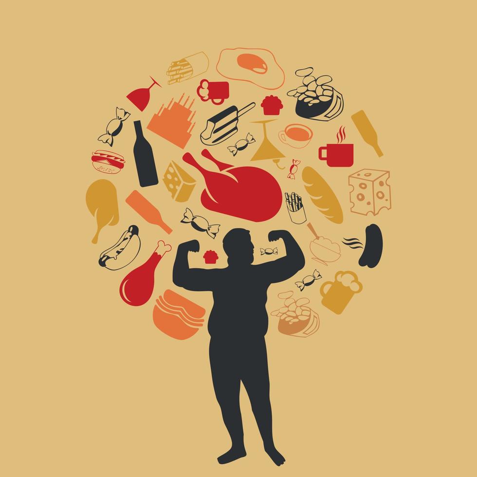 Harmful products of food round the fat man. A vector illustration