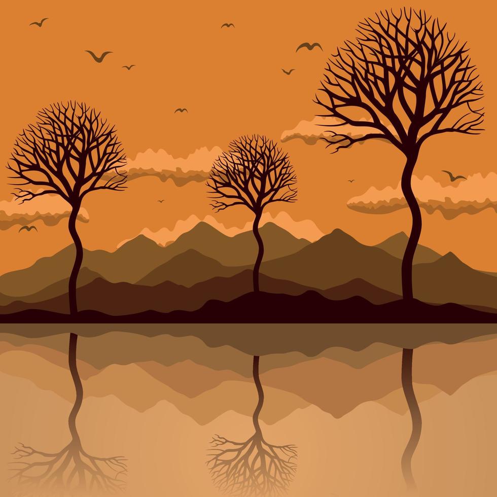 Trees are reflected in lake. A vector illustration