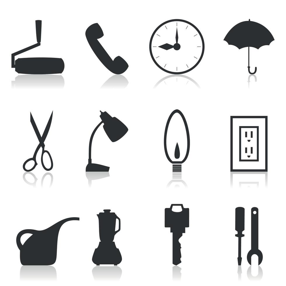 Silhouettes of various subjects and tools. A vector illustration