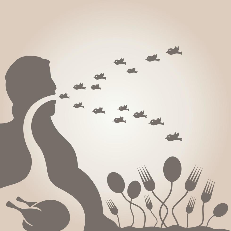 Harmful products of food round the fat man. A vector illustration