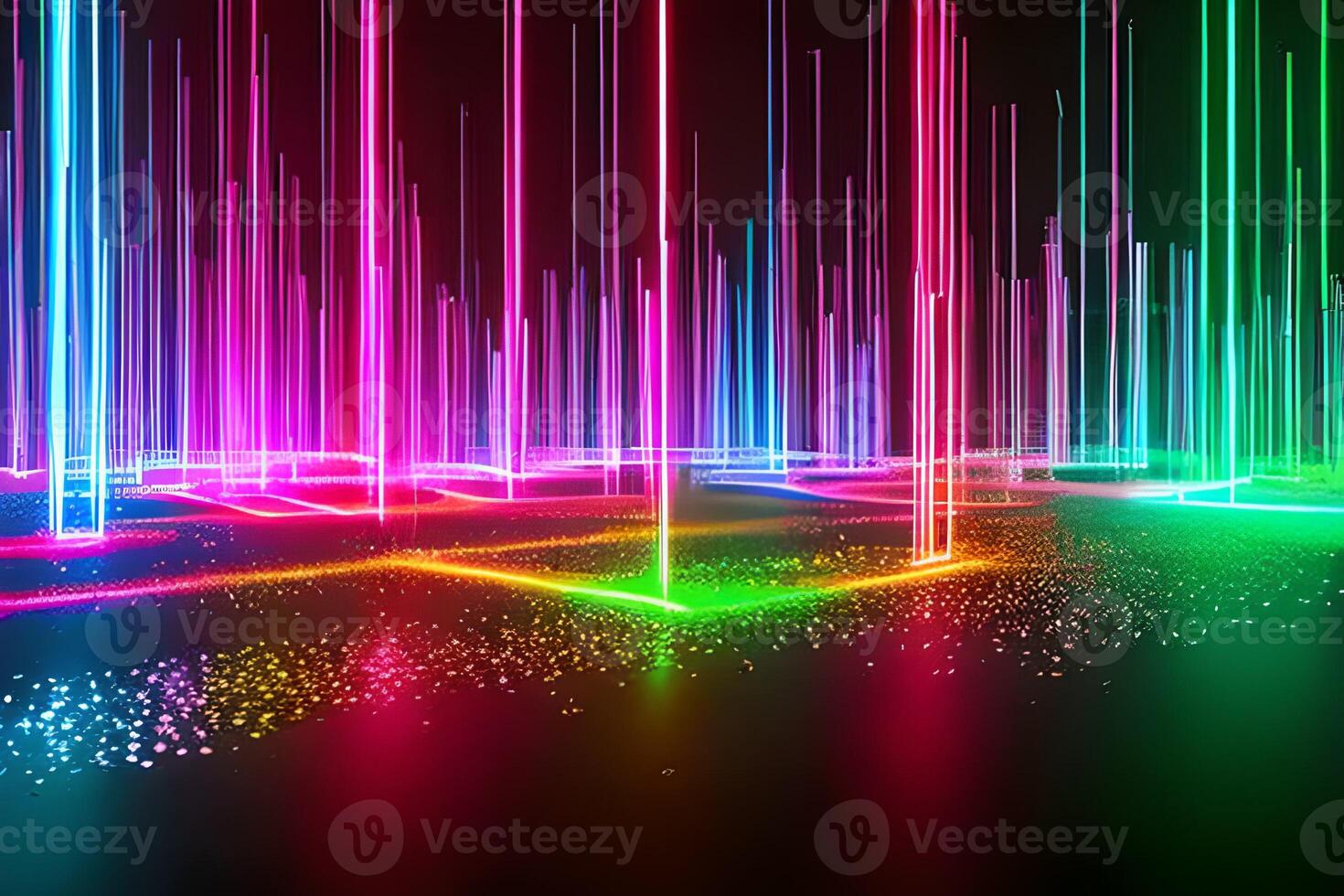 Abstract 3d render colorful neon glowing laser futuristic dimensional background. photo