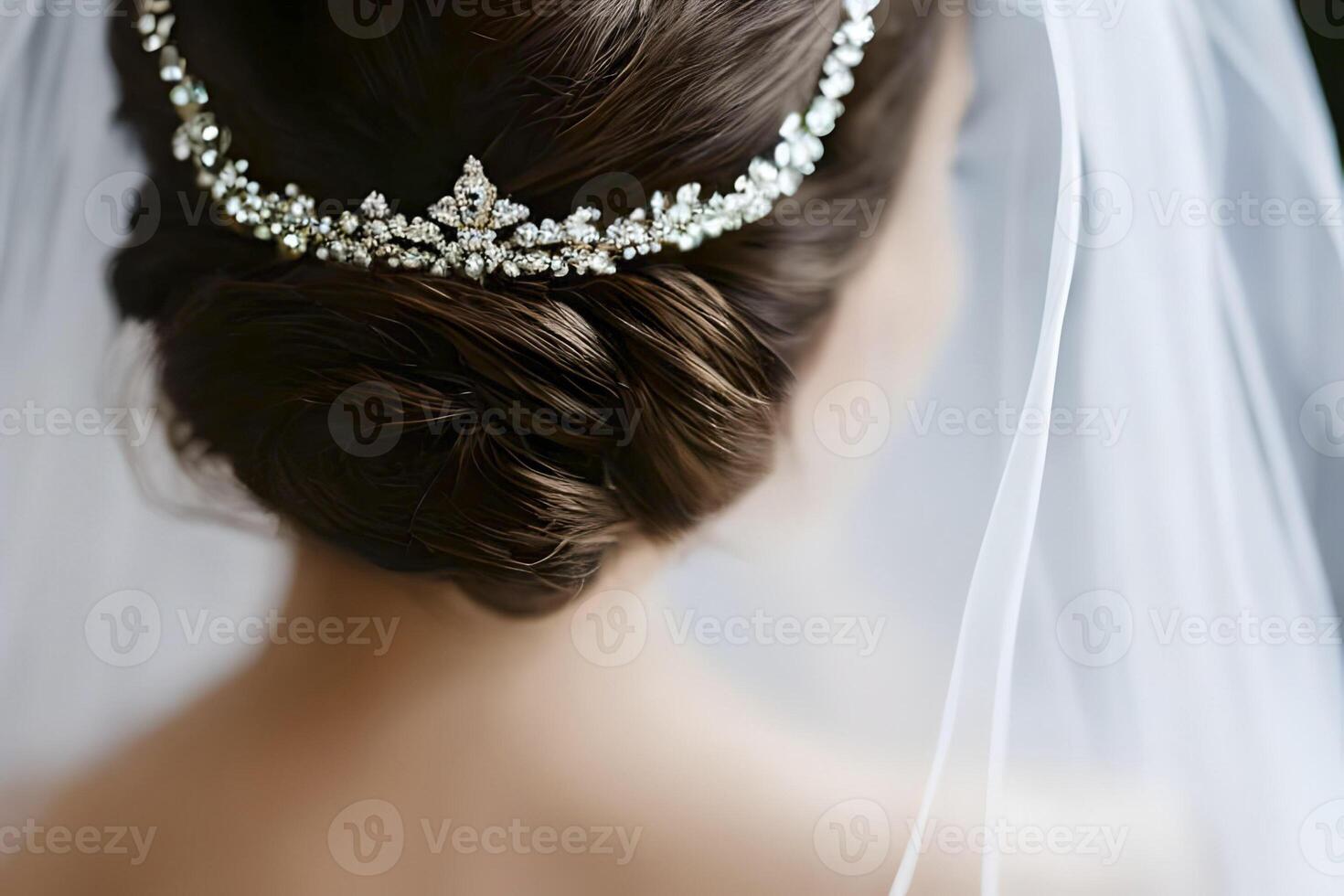 Close up detail a bride from behind in a white wedding dress. photo