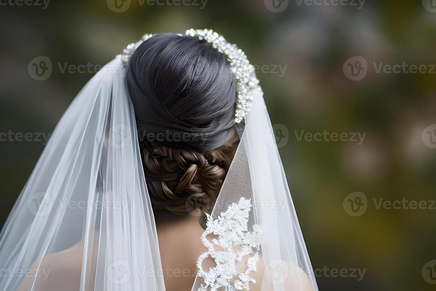 Close up detail a bride from behind in a white wedding dress. photo