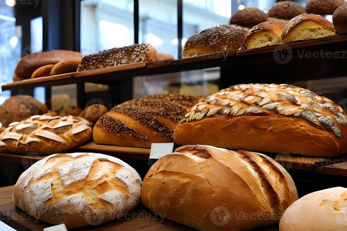 Various bread selling at the display bakery shop shelf. photo