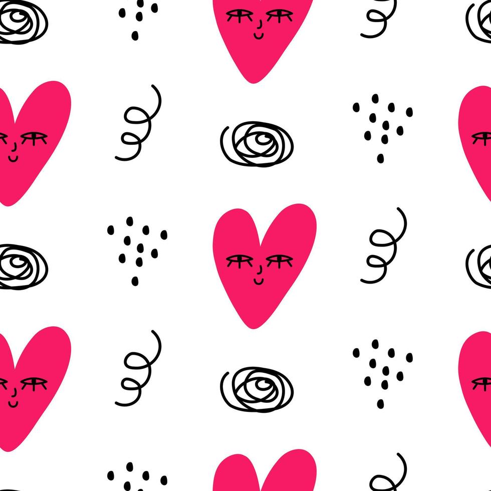 Seamless pattern with abstract doodle shapes. Childrens drawings of hearts. Background, wallpaper, wrapping, textile template. vector