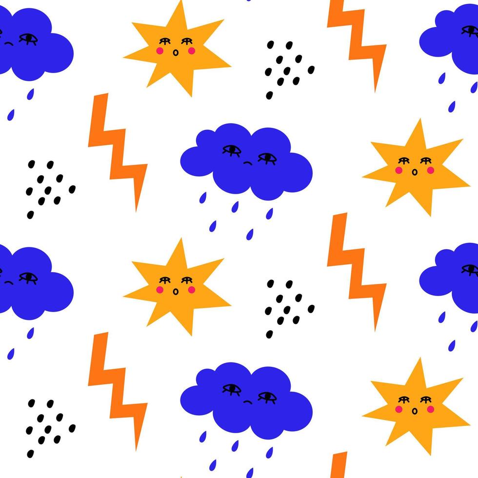 Seamless pattern with abstract doodle shapes. Childrens drawings of stars, clouds and lightning. Background, wallpaper, wrapping, textile template. vector
