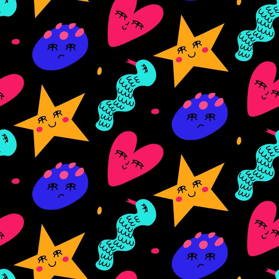 Seamless pattern with abstract doodle shapes. Childrens drawings of hearts, stars and monsters. Background, wallpaper, wrapping, textile template. vector