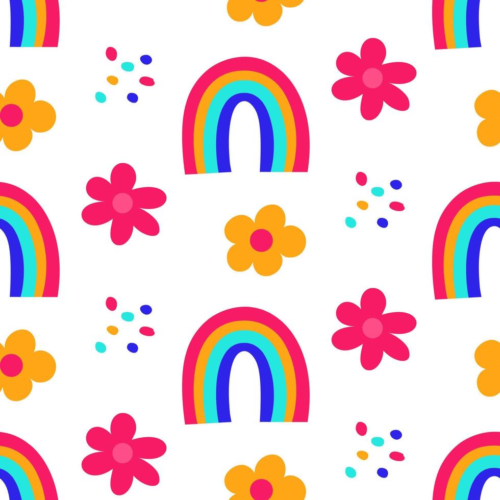 Seamless pattern with abstract doodle shapes. Childrens drawings of rainbow and flowers. Background, wallpaper, wrapping, textile template. vector