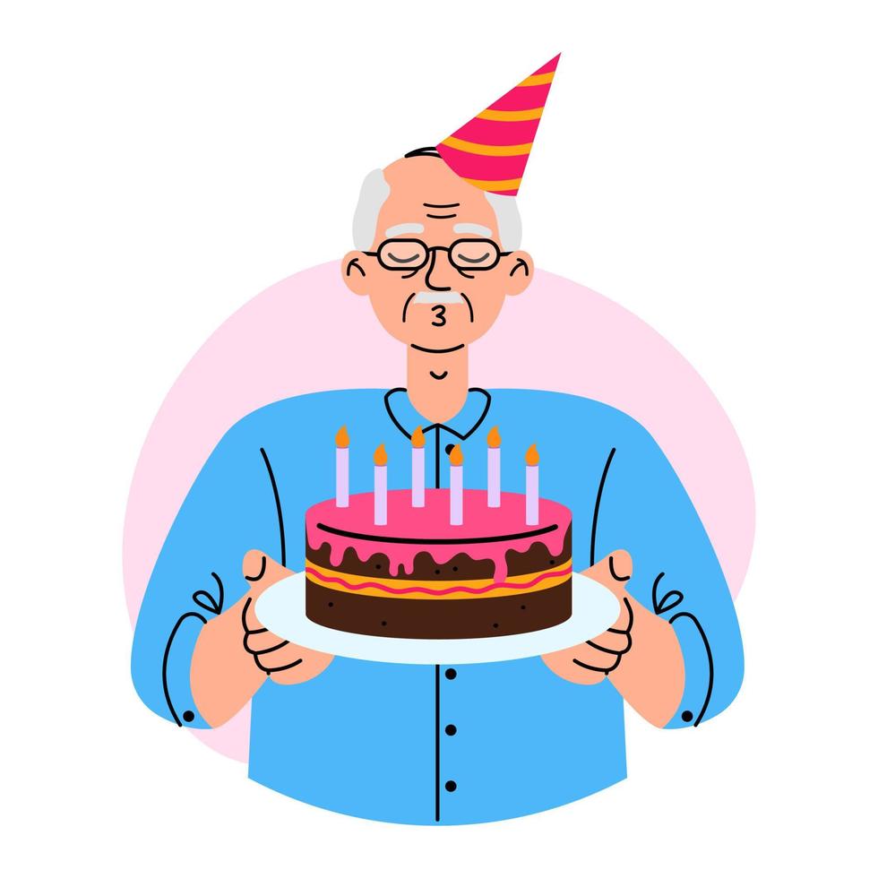 Birthday celebration. Old man blowing candles on festive cake. Surprise, anniversary concept. Flat vector illustration on white background.