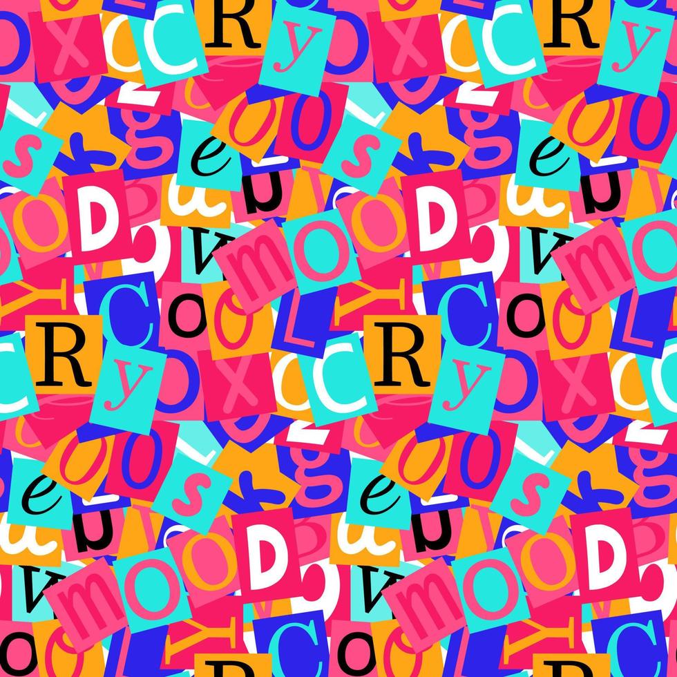 Seamless pattern with letters cutting from magazines in y2k style, 90s style. vector