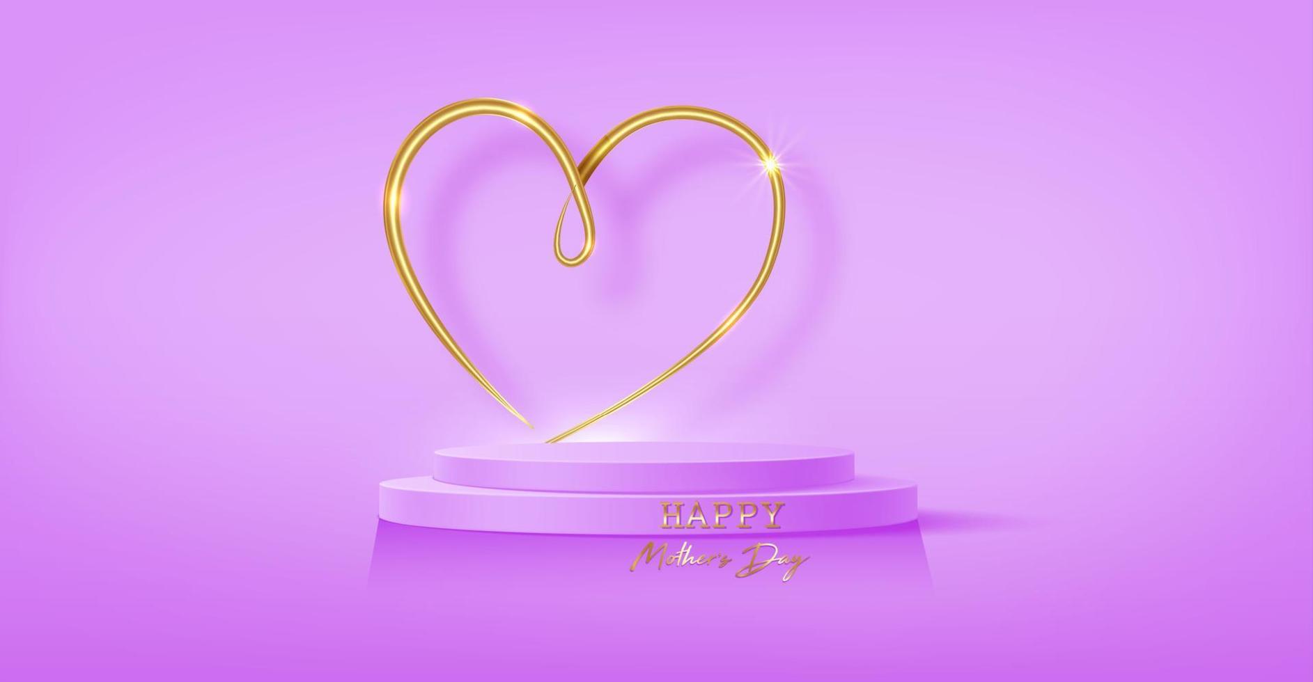 Mother's Day banner, 3d stage podium decorated with gold heart shape lighting. Pedestal scene for product, advertising, show, award ceremony, on pink background. Minimal style. Vector illustration