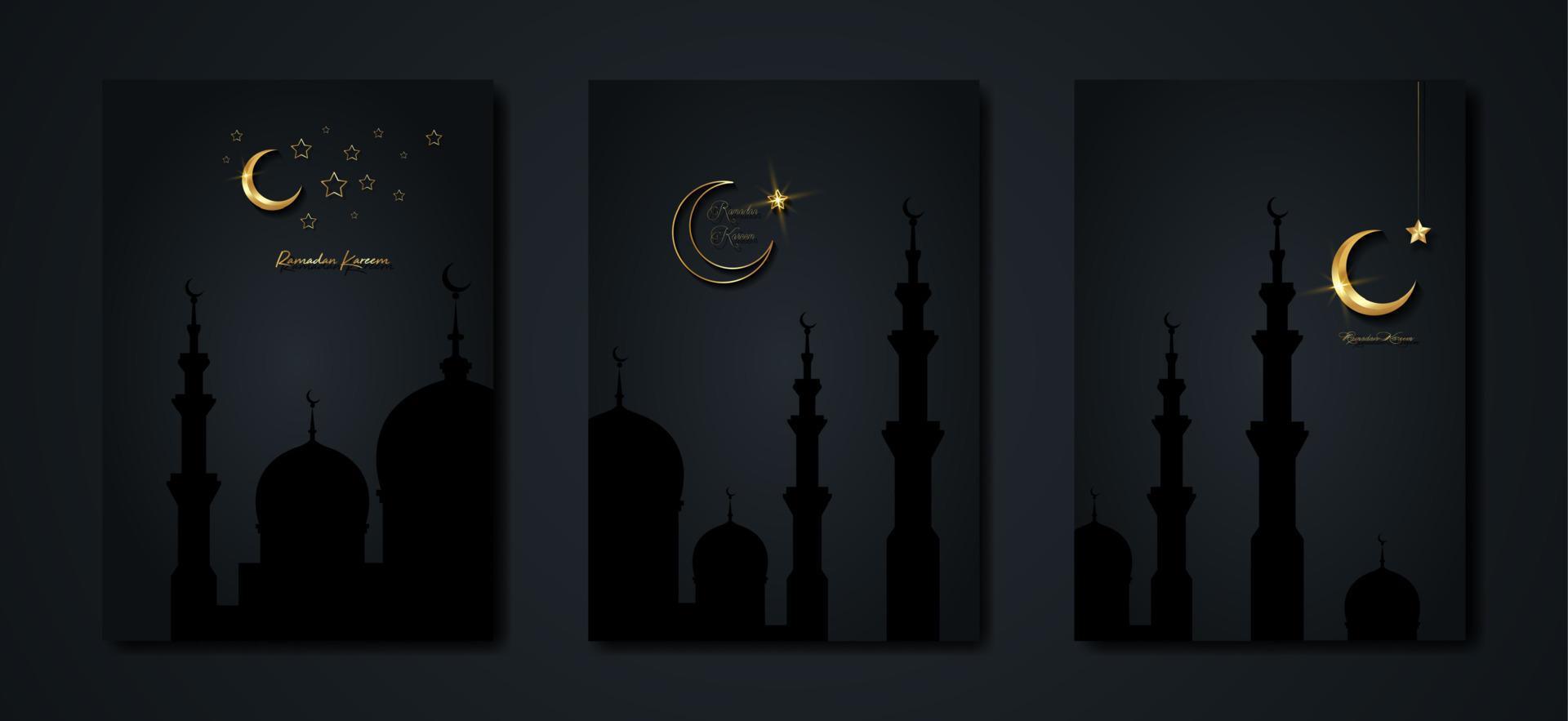 Ramadan Kareem 2023 vector set greeting card. Gold half moon on black background. Golden holiday poster with text, islamic symbol. Concept Muslim religion banner, flyer, party invitation, sale shop