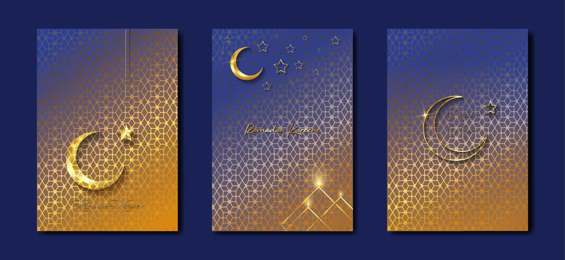 Ramadan Kareem 2023 vector set greeting card. Gold half moon on blue background. Golden holiday poster with text, islamic symbol. Concept Muslim religion banner, flyer, party invitation, sale shop