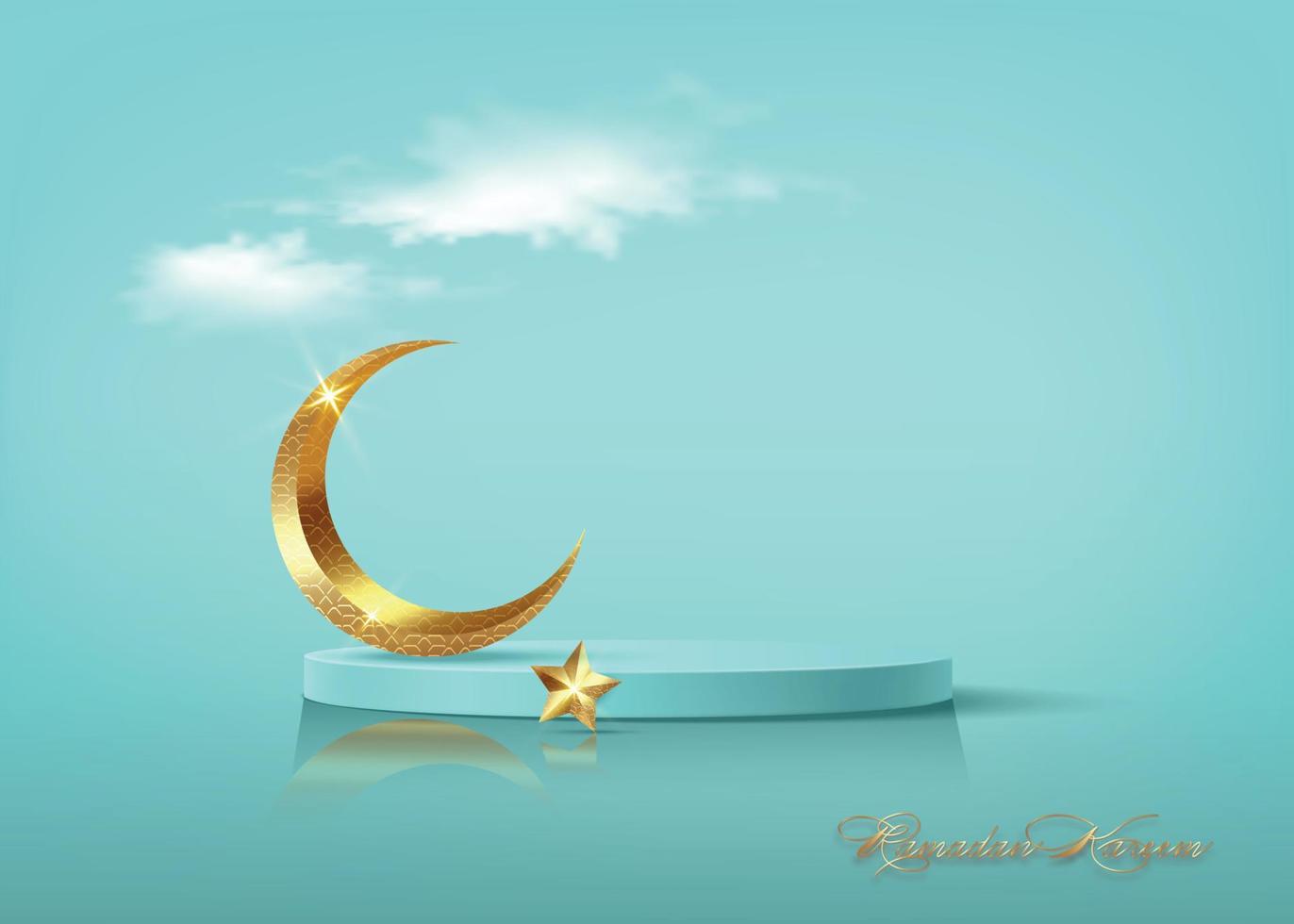 Ramadan Kareem 3D vector of classic teal Muslim Islamic festival theme product display background with gold crescent moon, golden star, Islamic Arabic decorations. Podium studio, religious symbols