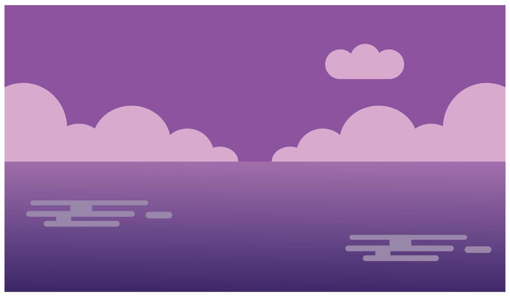 Illustration of a purple background with a lake and clouds in the sky. Landscape scenery above the water with serene clouds. vector