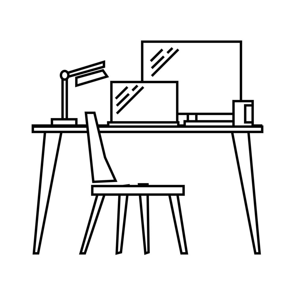 desk with computer and chair icon cartoon isolated black and white vector illustration graphic design. Illustration of work desk at home. Suitable for design freelancers, work at home and work